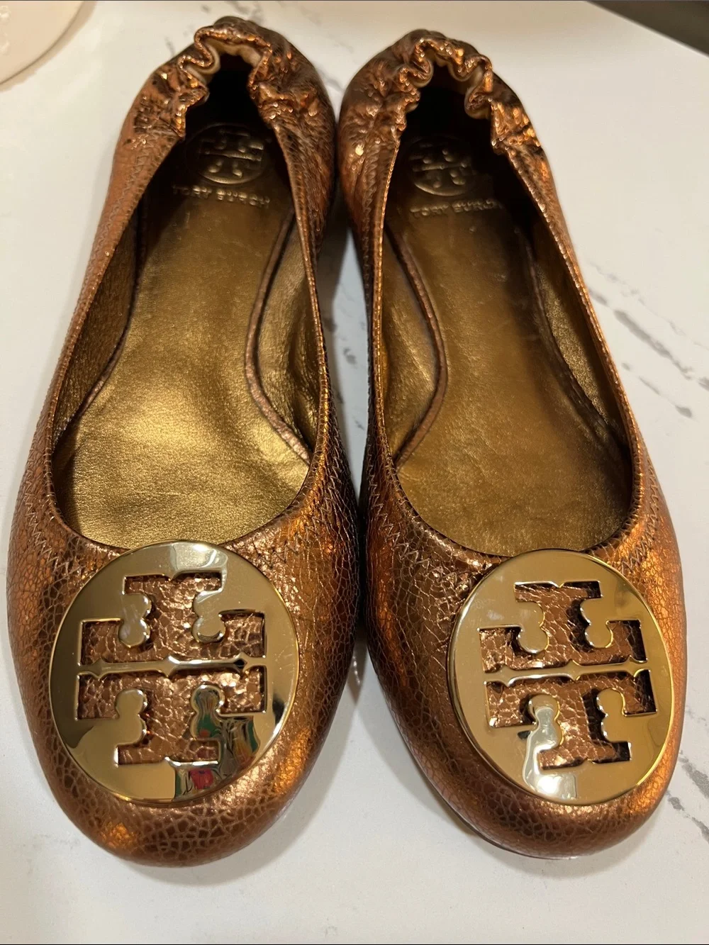 Tory Burch Reva Bronze Metallic Logo Ballet Flats Crackle Leather size 8.5